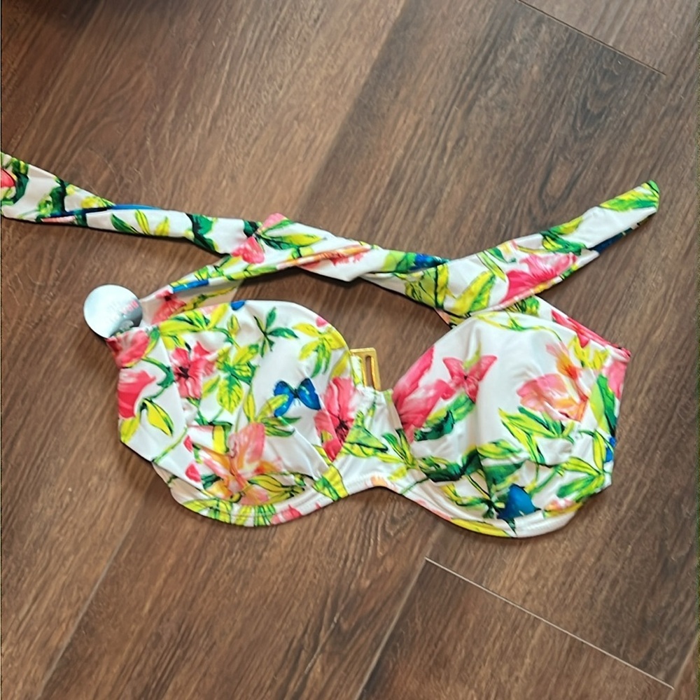 Smart & Sexy Swim 36C Floral Halter Style  Buckle Closer Green White Pink